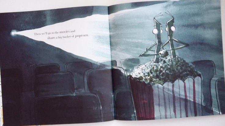 Sharing popcorn at the cinema in I Love You, Stick Insect by Chris Naylor-Ballesteros Bloomsbury Picture Book
