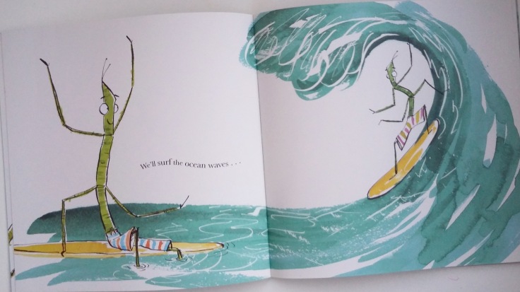 Surfing the ocean waves in I Love You, Stick Insect by Chris Naylor-Ballesteros Bloomsbury Picture Book